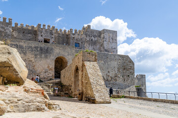 Tarifa, Spain - April 18, 2025: Medieval castle of Guzman el Bueno, during the Easter festivities in Tarifa, Spain
