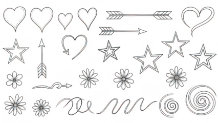 Hand-drawn shapes and symbols collection isolated on transparent background