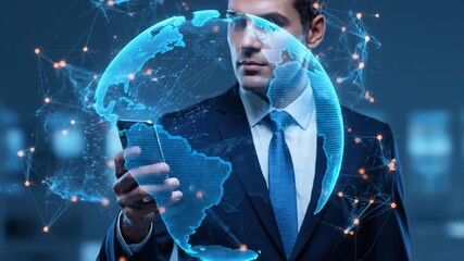Man in business suit uses holographic globe display with digital network connections. - Powered by Adobe
