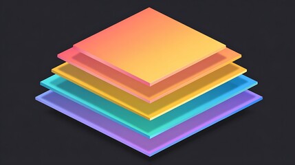 Multicolored layered card stack with gradient colors on dark background for modern design with abstract and 3d and colorful and neon and render
