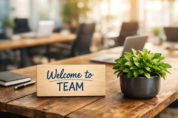 Welcome to team greeting to new employee with modern office background and green plant vase
