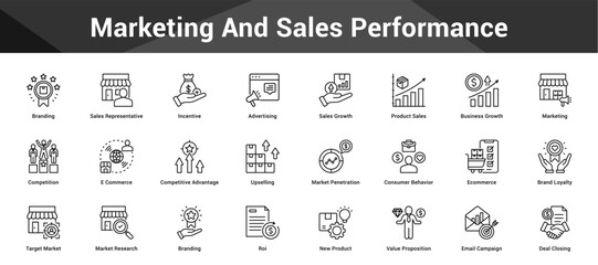 Marketing And Sales Performance Cohesive set of minimalist vector icons representing key ideas with visual clarity