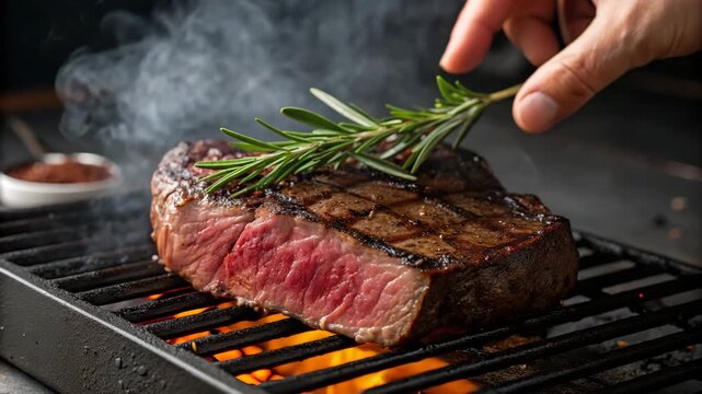 Juicy grilled steak with rosemary, sizzling on a barbecue with smoke rising, cinematic lighting, close-up shot of culinary perfection.