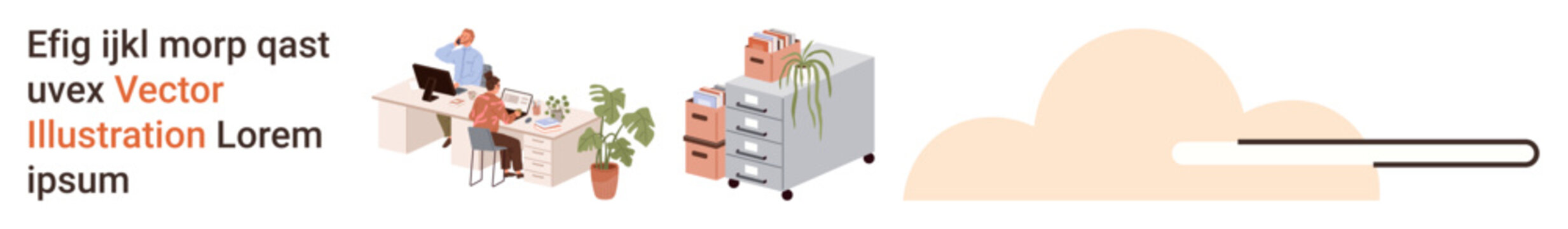 Business productivity, workplace organization, modern office setup, teamwork, file management, efficiency. office workers, desk file cabinet and cloud storage icon. Productivity and workplace