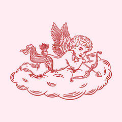 Cupid laying on cloud line drawing. Valentine's Day whimsical coquette illustration, hand drawn