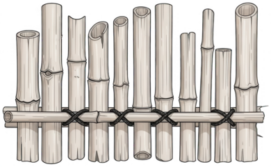 An illustration of a short bamboo fence section featuring light colored bleached poles tied horizontally