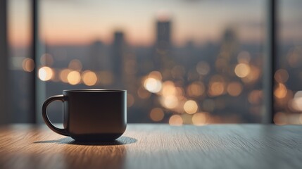 Hybrid work professional enjoys a peaceful sunrise at a modern home office with coffee and city view