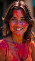 Smiling Woman Celebrating Holi Festival with Colorful Powder on Face