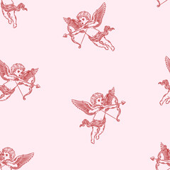 Flying cupid with bow vector seamless pattern, whimsical background, valentine's print, line drawing
