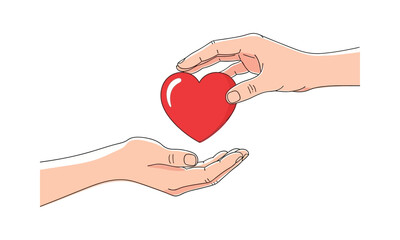 Fototapeta premium A hand is gently placing a red heart into another open hand, symbolizing love and care.