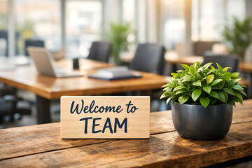 Welcome to team greeting to new employee with modern office background and green plant vase
