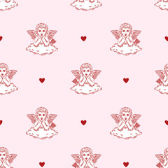 Cupid amour with bow vector seamless pattern, whimsical background, valentine's print, line drawing