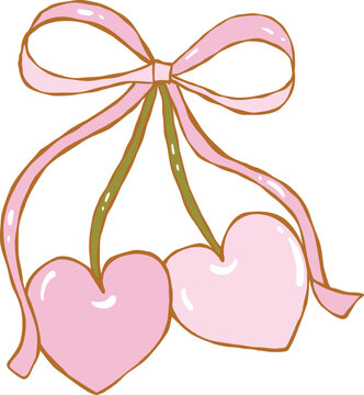 Whimsical Vintage Heart Cherries With Pink Ribbon  Illustration Hand Drawn  