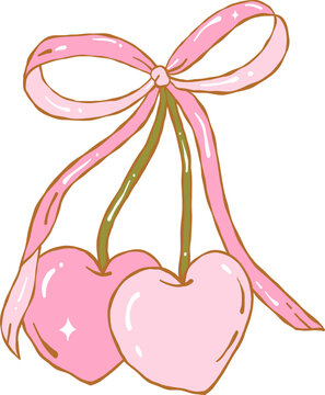 Illustration of Pink Cherries with Pink Ribbon