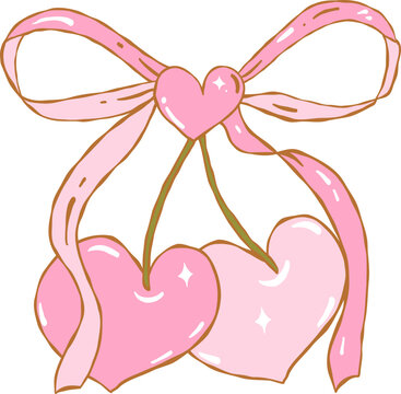Hand Drawn Whimsical Heart Cherries With Pink Bow Illustration