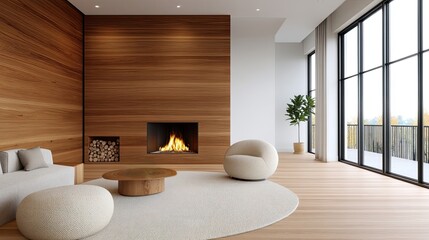 Cozy Seamless Interior Modern Minimalist Living Room with Cozy Fireplace and Large Windows
