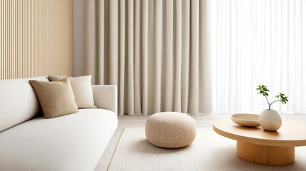 Cozy Seamless Interior Modern Minimalist Living Room with Neutral Tones and Natural Light