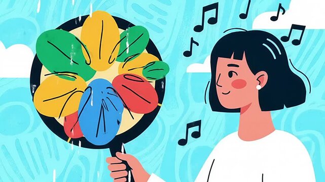 Young woman happily shaking a colorful tambourine creating rhythmic music notes in a cheerful setting