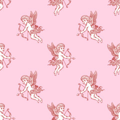 Cupid and bow vector seamless pattern, whimsical background, valentine's print, line drawing, doodle