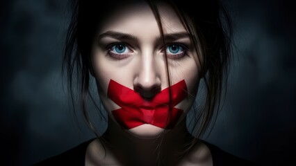 A woman with tape over her mouth looking directly at the camera with a serious expression