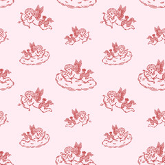 Cupid amour on cloud vector seamless pattern, whimsical background, valentine's print, line drawing
