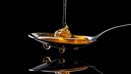 Golden honey stream pours onto a silver spoon creating a delicious and sweet liquid reflection