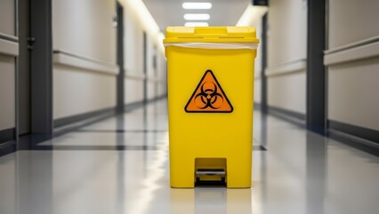 A yellow biohazard waste bin in a hospital corridor with a warning sign