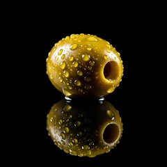Olive with water droplets on black background with reflection for garnish concept