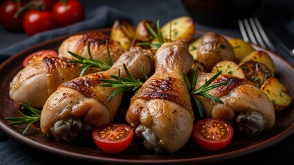 A delicious plate of roasted chicken with potatoes and tomatoes on a dark table