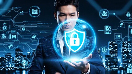 Man interacts with a glowing digital shield and lock icon against a blue nighttime cityscape. - Powered by Adobe
