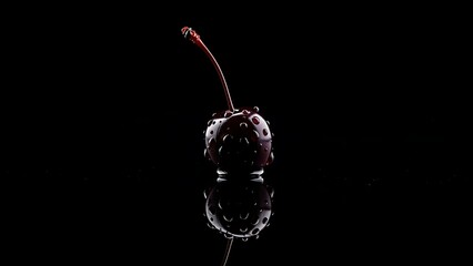 Single dark ripe cherry covered in water droplets with long stem centered on black reflective background