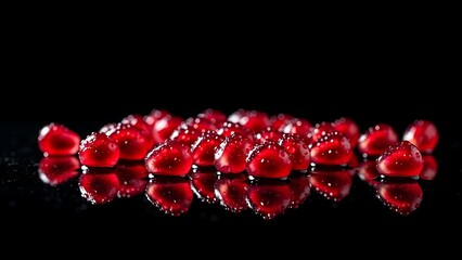 Group of vibrant red wet glistening pomegranate arils reflecting on sleek black surface dark background