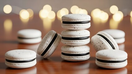 A stack of white macarons with black filling on a wooden table with blurred lights in the background