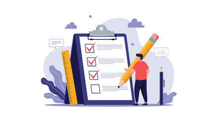 A man uses a giant pencil to check off completed tasks on a large clipboard checklist symbolizing productivity and goal achievement.