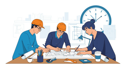 Team of architects and engineers in hard hats collaborates on a building blueprint at a desk in a busy design office._.#