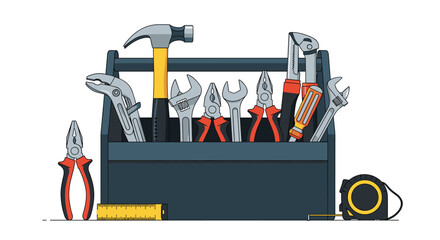 Wooden toolbox filled with various essential hand tools like a hammer wrenches screwdrivers and pliers for repair work..