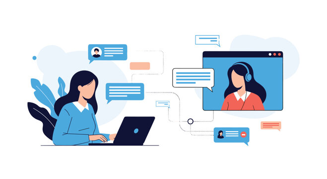 A woman uses her laptop for a video conference and online chat engaging in remote communication for work or personal calls.