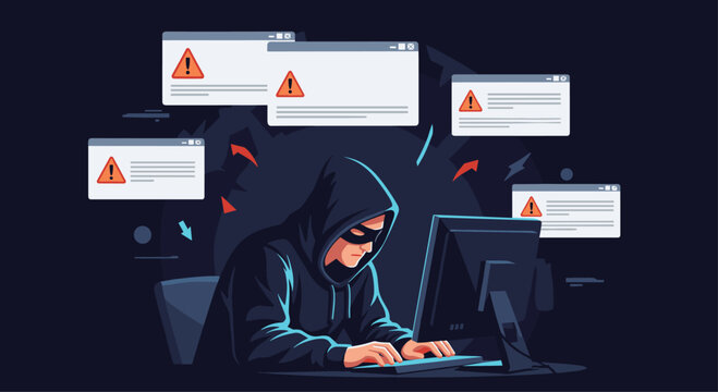Anonymous hacker wearing a black hoodie and mask commits cybercrime by typing on a computer with multiple warning popups..
