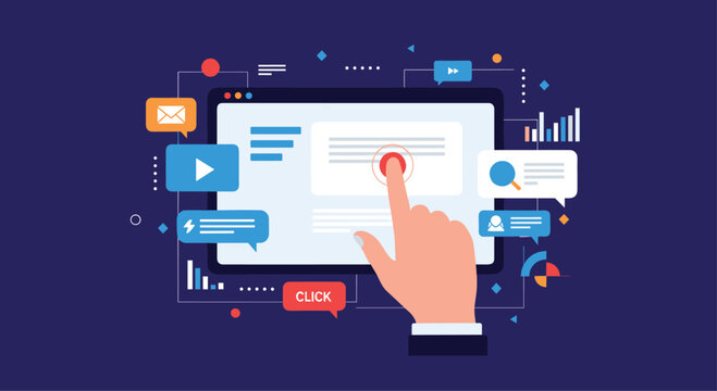 Hand pointing and clicking on a button on a computer screen representing user interface interaction and web navigation.._.