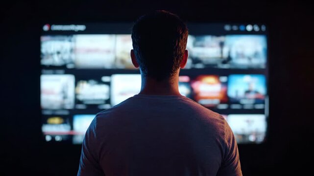 Man watches streaming service menu on a large television screen at night.