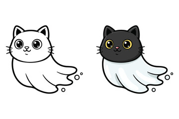 Obraz premium PrintCute Ghost Cat Cartoon Illustration – Funny Floating Cat Spirit Character