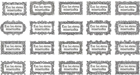 Latin phrase frame set, ornate decorative borders, Lux lux eterna misericodia, vintage scroll design, classical vector typography art © MdMahmudul