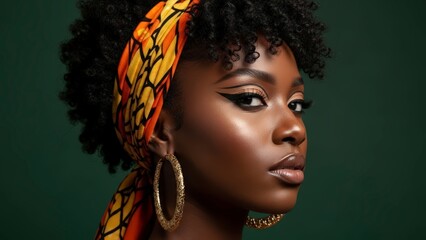 A beautiful woman with a vibrant headwrap and gold hoop earrings looks directly at the camera with confidence and poise.