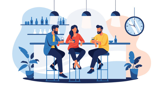 Group of three friends socializing and enjoying drinks at a modern bar counter during their leisure time on the weekend..