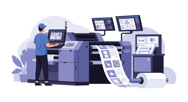 A male operator works on a large industrial printing press machine in a modern print shop or factory environment..#_#_#_#