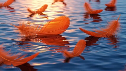 A serene scene of orange feathers floating gently on the surface of calm water during sunset