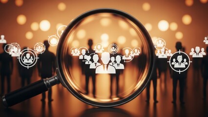 A magnifying glass focuses on a group of people in a crowd with icons and graphics highlighting recruitment and selection processes.