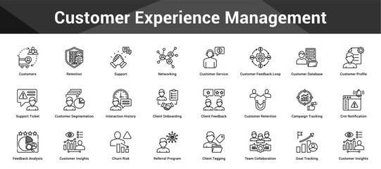 Customer Experience Management Cohesive set of minimalist vector icons representing key ideas with visual clarity