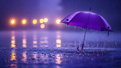 A purple umbrella stands alone on a rainy city street at night with blurred lights in the background.