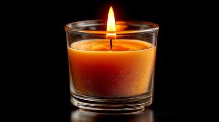 Lit traditional memorial candle placed in clear glass on a dark surface with a warm glow illuminating the surroundings